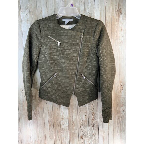 H&M Moto‎ Jacket Womens 2 Olive Green Tweed Asymmetrical Zip Cropped Blazer - Picture 1 of 7